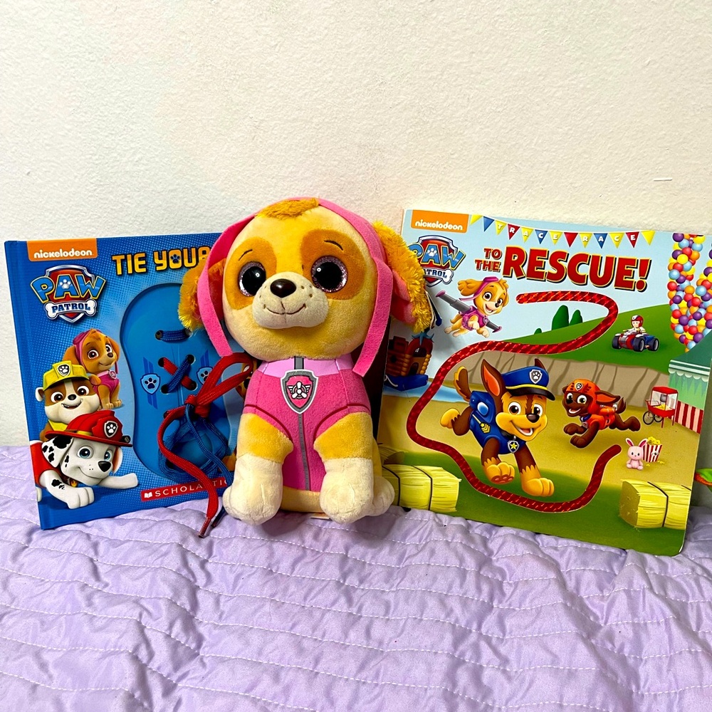 Paw patrol plush and 2 hardcover books and 2 paperback books